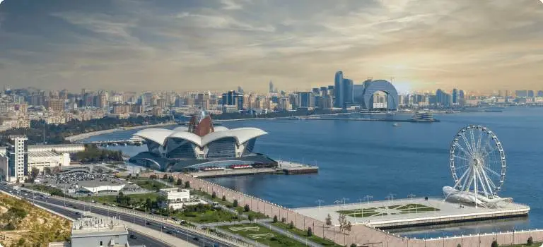 Aerial view of Baku's skyline and Caspian Sea coastline