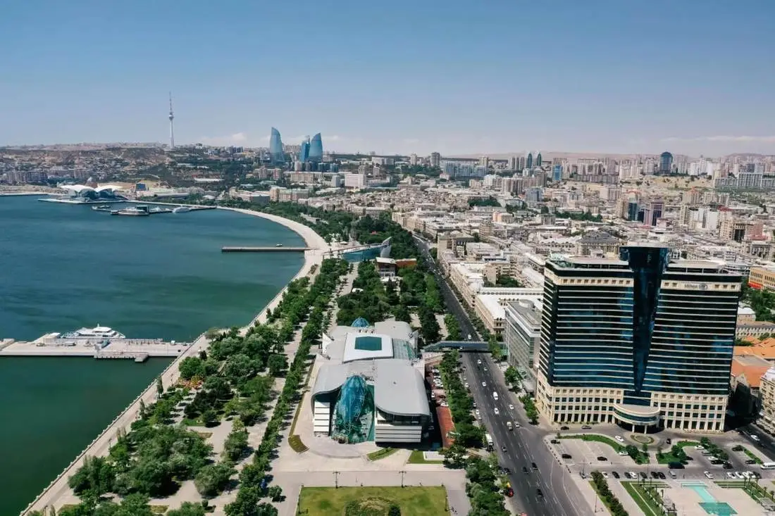 Baku Crystal Hall at sunset, Caspian waterfront