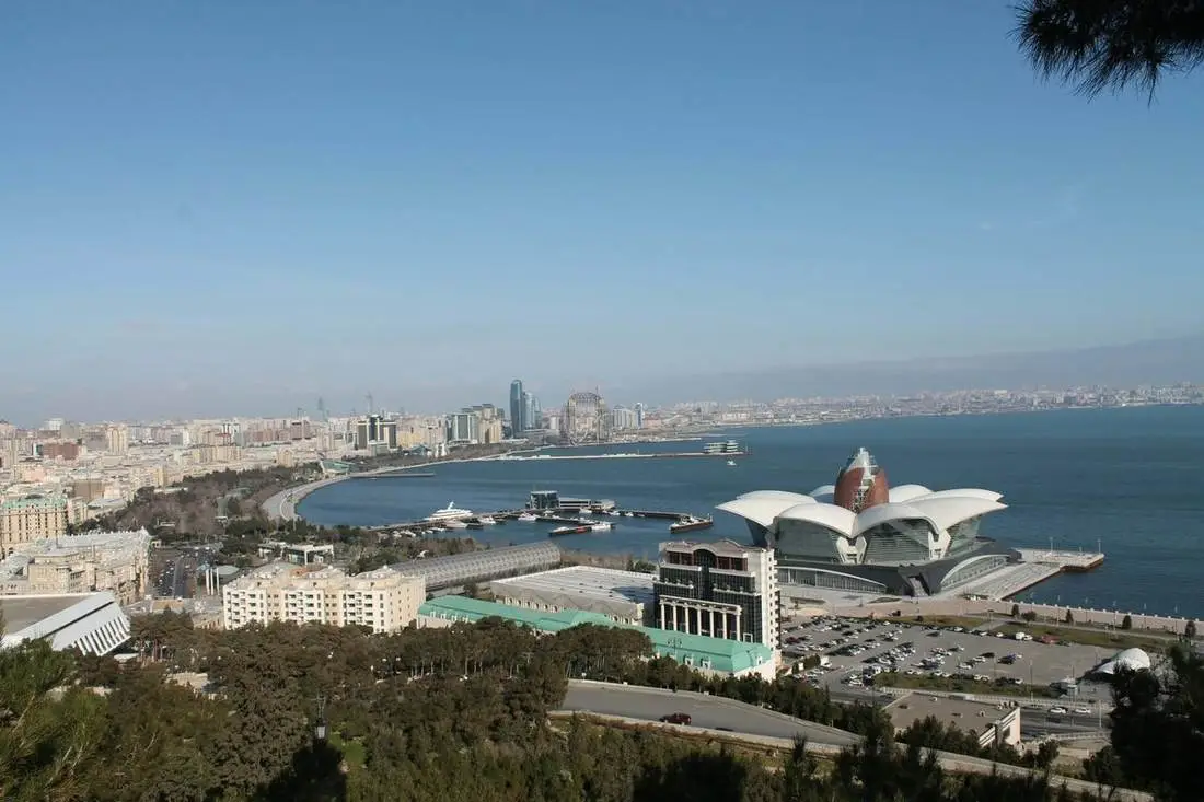Aerial view of Baku Bay, Crystal Hall and marina