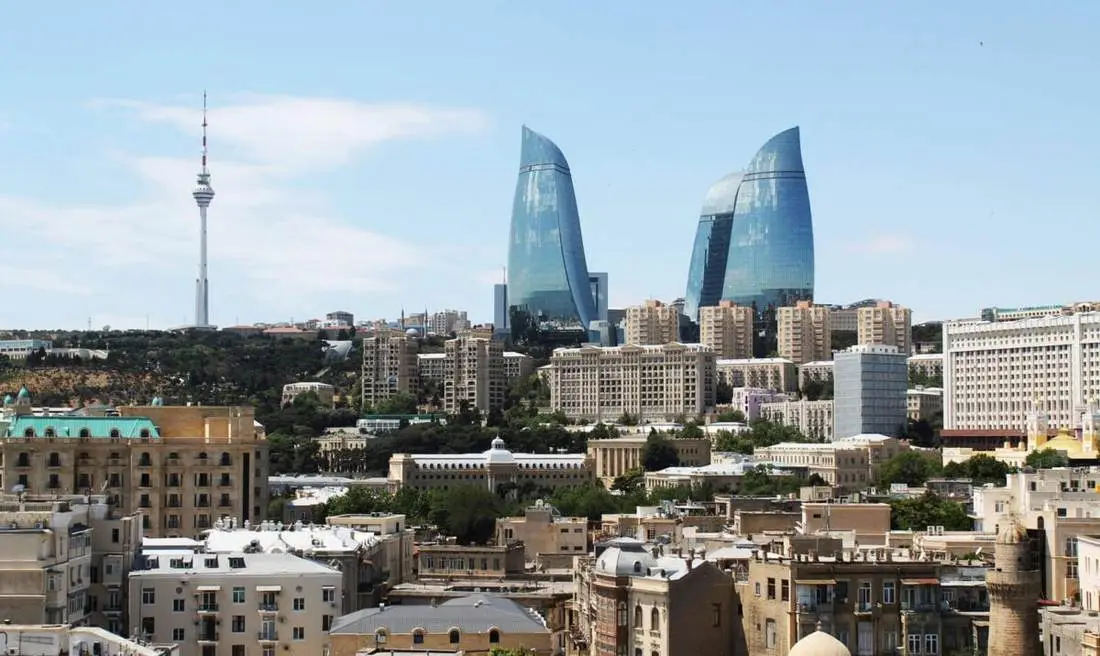 Baku skyline with Flame Towers and TV tower